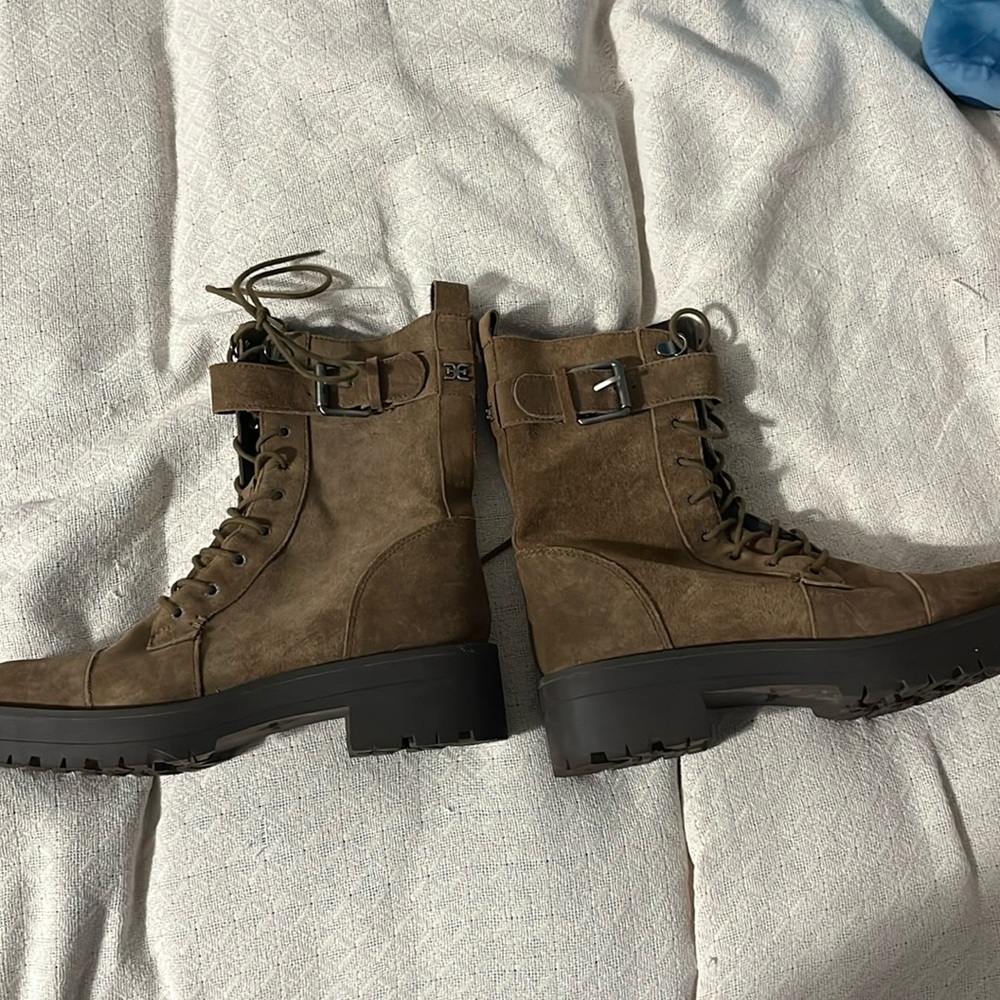 Sam Edelman Olive Brown Suede Lace-Up Combat Boots with Buckle